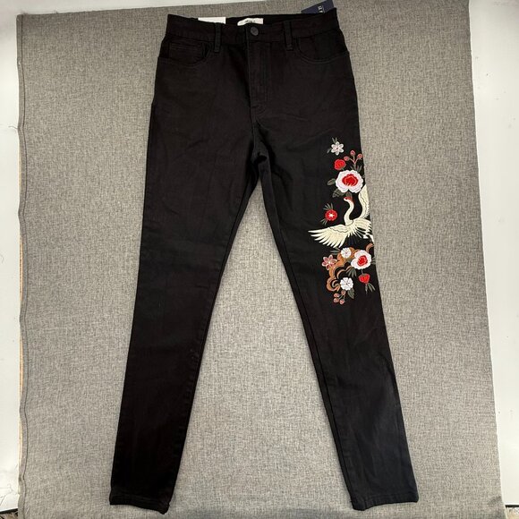 New! Forever 21 Black Skinny Jeans Embroidered Flowers & Bird High Rise 26 Waist - Picture 4 of 14